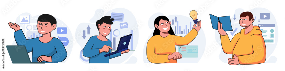 Set of digital marketing character concept with man and woman for illustrations. Set of digital marketing character concept with man and woman for illustrations.