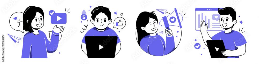 Set of digital marketing character concept with man and woman for illustrations. Set of digital marketing character concept with man and woman for illustrations.