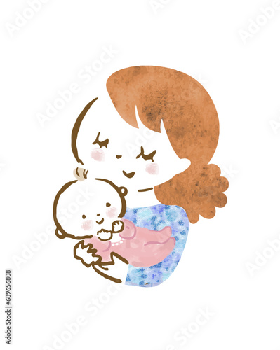 目を閉じて優しく赤ちゃんを抱っこする母親の手描きイラスト