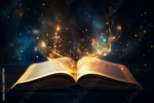 Magic Book With Open Pages And Abstract Lights Shining In Darkness - Literature And Fairytale Concept © leriostereo