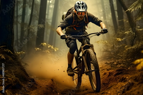 A Young cyclist wearing protective gear rides an agile mountain bike through a mountain filled with tall trees. The road surface was dry and dust was clearly scattered. It shows that he rides so fast.