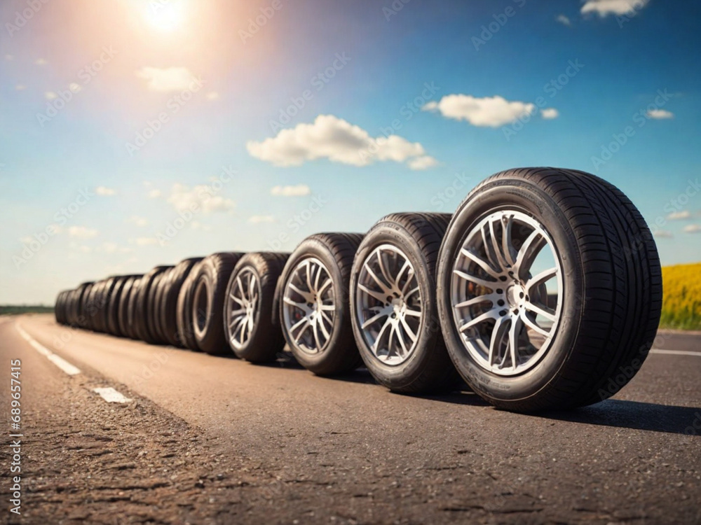 Automobile wheel on the road, car tire rolling on the pavement, vehicle wheel traveling on the roadway, car's tire in motion on the street Automobile wheel on the road, car tire rolling on the pavement, vehicle wheel traveling on the roadway, car's tire in motion on the street