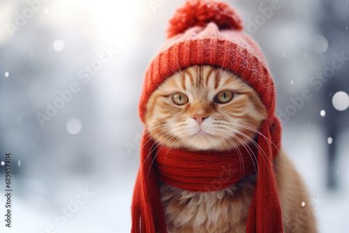 Cat in a red hat and scarf on a snowy background