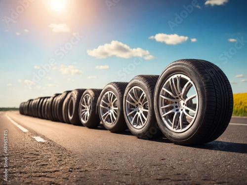 Automobile wheel on the road, car tire rolling on the pavement, vehicle wheel traveling on the roadway, car's tire in motion on the street