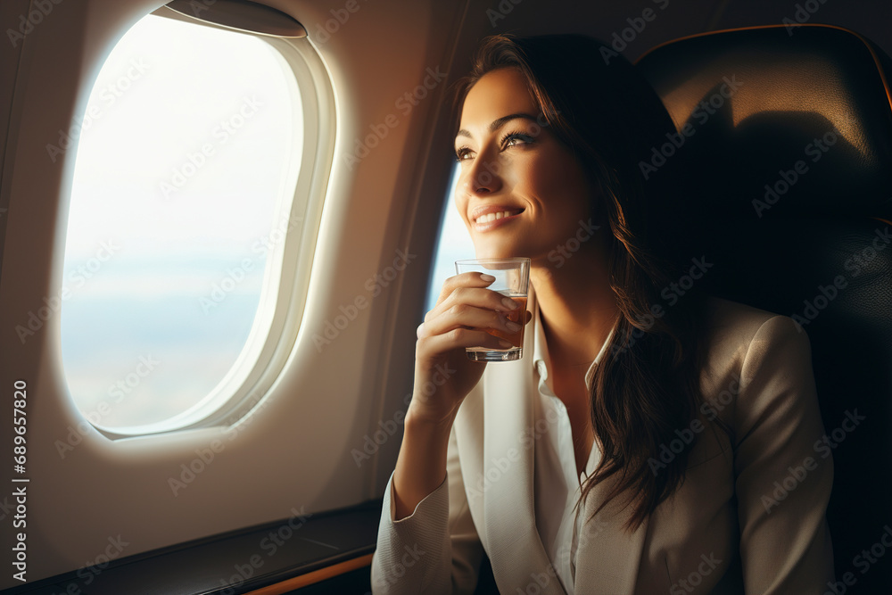 Smiling businesswoman holding a glass of drink and looking out the airplane window. Businesswoman looking out window of private jet. Happy flight and airplane travel concept.
