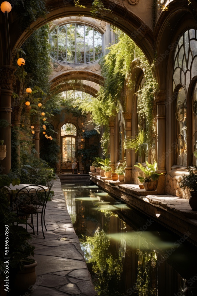 Tranquil garden courtyard inside a historic building, Generative AI