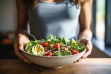 Sporty young woman eating salad after fitness training, healthy salad, fitness concept, healthy salad, health concept, diet, fresh vegetable salad, women fitness concept