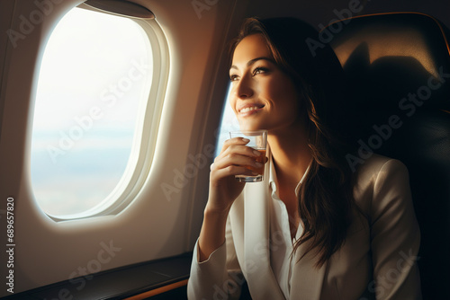 Smiling businesswoman holding a glass of drink and looking out the airplane window. Businesswoman looking out window of private jet. Happy flight and airplane travel concept.