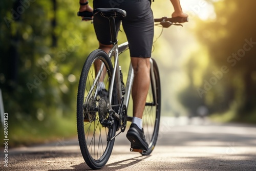 Tableau sur toile sporty man with a bicycle outdoors, cycle sportsman, cyclist closeup view, cycle