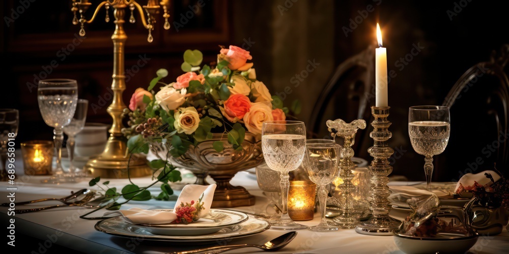 Naklejka premium Dinner with an elegant table setting can evoke a sense of romance and intimacy.