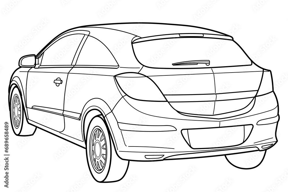 Outline drawing of a classic modern coupe car from rear side view. Classic modern style. Vector outline doodle illustration. Design for print or color book.	
