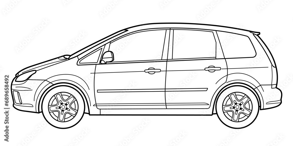 Classic compact van or station wagon car. Side view shot. Outline doodle vector illustration
Classic compact van or station wagon car. Side view shot. Outline doodle vector illustration