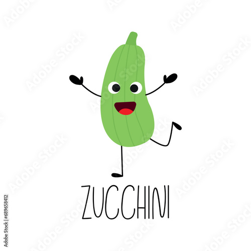 Cute funny zucchini character for kids. Hand drawn vegetable card with its name. Vector illustration.