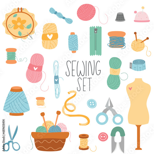 Set of tools for sewing, needlework, knitting. Kit set with scissors, hoop, bucket, spools, threads, measuring, shears, mannequin. Vector.