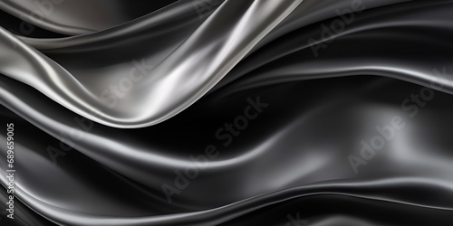 Abstract Black silk satin texture background Curtain drapery Beautiful soft folds on the fabric Elegant luxury background with space for design Wide web banner Copy space