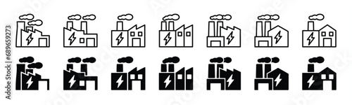 Power plant icon set. Power station industrial factory building line icons. Vector illustration
