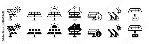 Solar panel icons. Green electric power energy icon. Ecology, electricity, and renewable energy signs and symbol. Vector illustration