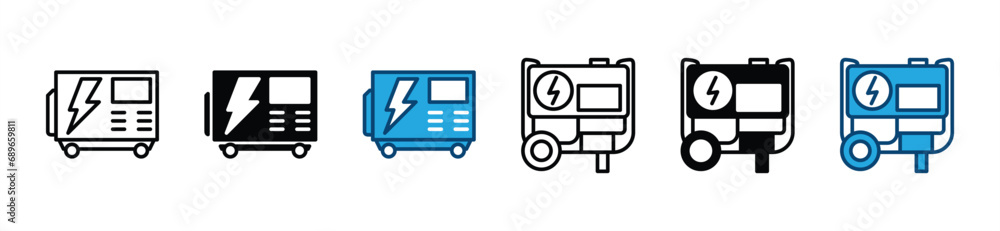 Portable electric power generator icon set. Portable electric charger diesel engine icon symbol. Vector illustration - obrazy, fototapety, plakaty 