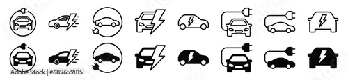 Electric car thin line icon set. Electric vehicle icon. Electric car charging cable and plug. Vector illustration