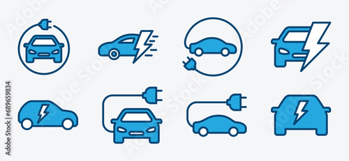 Electric car icon set. Electric vehicle icon. Electric car charging cable and plug. Vector illustration