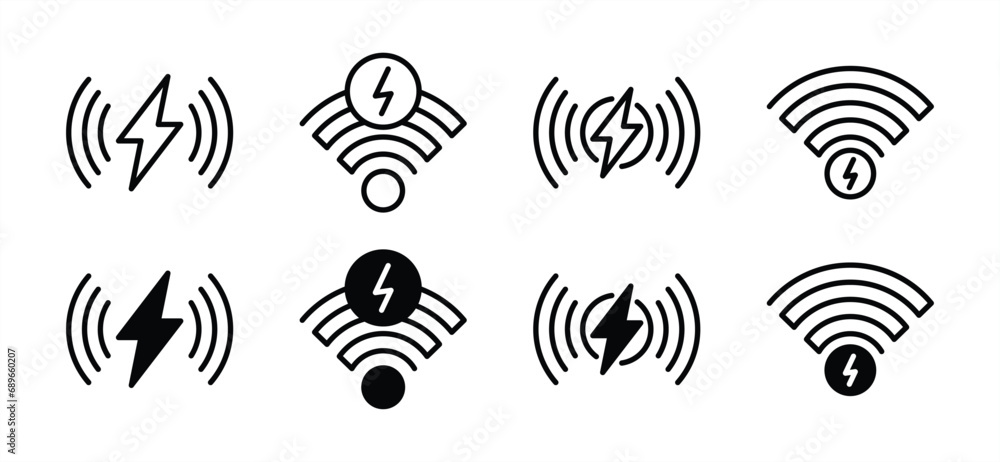 Wireless charging thin line icons. Charge electrical energy wireless icon symbol. Vector illustration - obrazy, fototapety, plakaty 