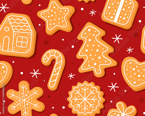 Seamless pattern with Christmas gingerbread cookies on a red background. Homemade Christmas cookies with sugar glazed. Pattern for New Year's wrapping paper, cards, decor, fabric. 