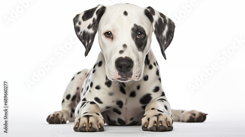 A adoreable Dalmatian in crouching position, white background