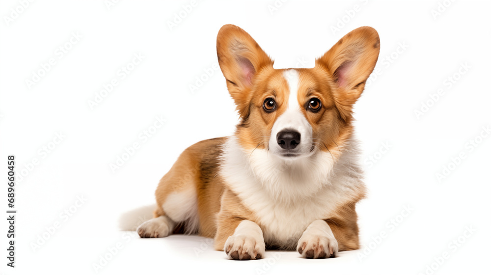 A adoreable Corky in crouching position, white background
