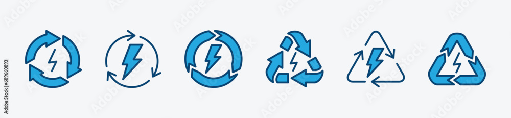 Recyclable electrical energy icons set. Renewable power energy. Rechargeable, recycle, and recycling electricity. Rotation arrow with electric symbol. Vector illustration Recyclable electrical energy icons set. Renewable power energy. Rechargeable, recycle, and recycling electricity. Rotation arrow with electric symbol. Vector illustration