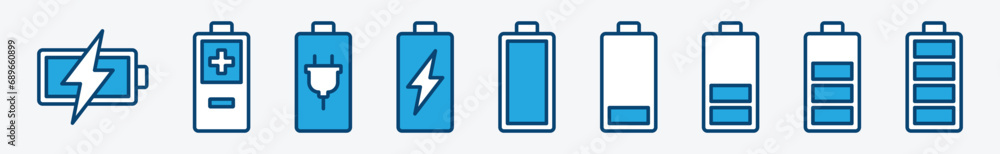 Battery icon set. Battery charge level icons. Battery Charging indicator icon collection. Vector illustration Battery icon set. Battery charge level icons. Battery Charging indicator icon collection. Vector illustration