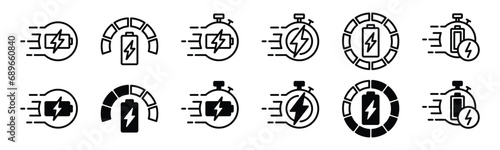 Charging icon set. Fast charger. Power energy charging speed. Battery charge, charger, recharge icons. Rechargeable battery and fast charging. Wireless charger. Vector illustration