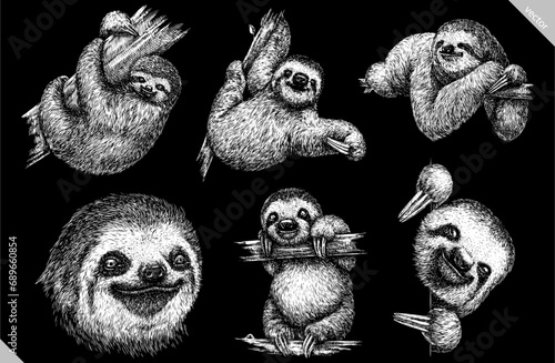 black and white engrave isolated sloth set vector illustration photo