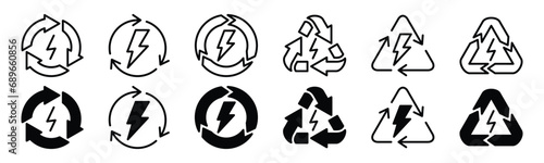 Recyclable electrical energy icons set. Renewable power energy. Rechargeable, recycle, and recycling electricity. Rotation arrow with electric symbol. Vector illustration photo