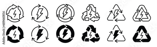 Recyclable electrical energy icons set. Renewable power energy. Rechargeable, recycle, and recycling electricity. Rotation arrow with electric symbol. Vector illustration
