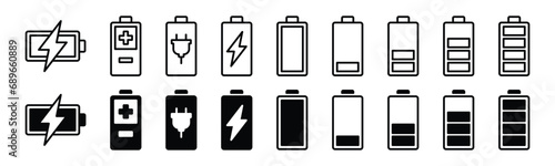 Battery icon set. Battery charge level icons. Battery Charging indicator in thin line and flat icon collection. Vector illustration