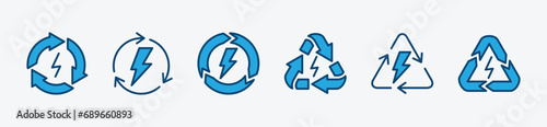 Recyclable electrical energy icons set. Renewable power energy. Rechargeable, recycle, and recycling electricity. Rotation arrow with electric symbol. Vector illustration