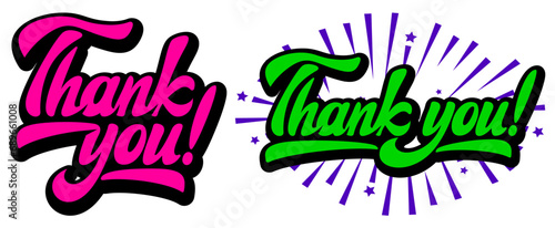 A set of two thank you inscriptions in different styles. Calligraphic element for design. Color vector illustration
