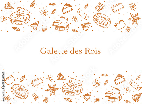 Galette des rois , French epiphany cake set headline Vector frame background.