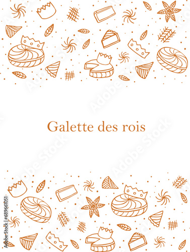 Galette des rois , French epiphany cake set headline Vector frame background.