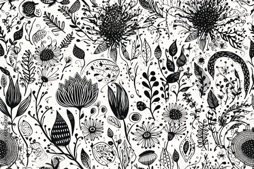 Spring magic. Seamless floral pattern. Black and white. Vector vintage illustration. photo