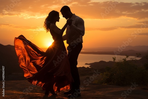 Couple dancing tango against a scenic sunset backdrop, Generative AI