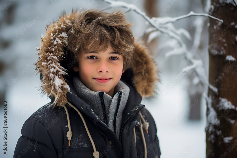 Generative AI portrait of young cute boy teenager in snowy forest tree magic atmosphere Generative AI portrait of young cute boy teenager in snowy forest tree magic atmosphere