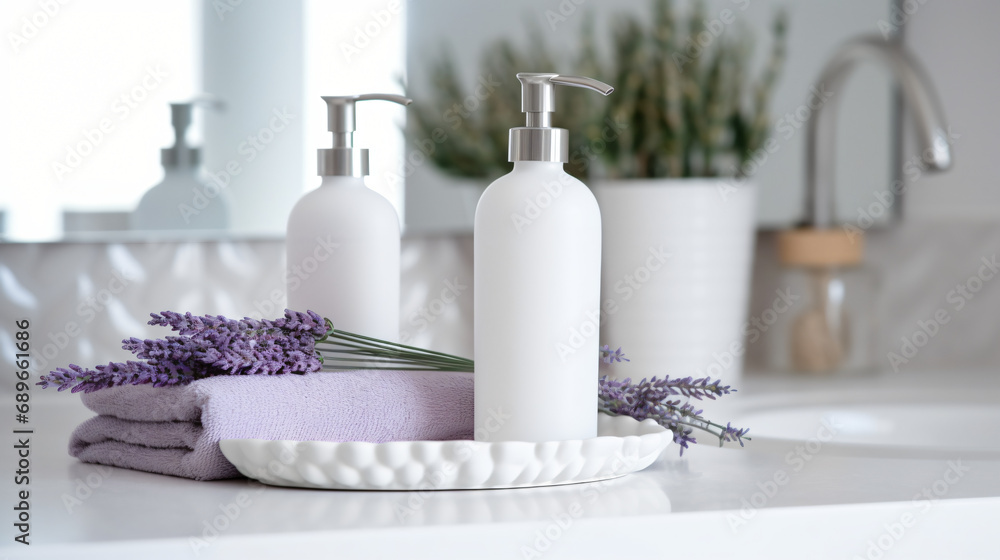 Toiletry Set with lavender. Soap and shampoo bottles