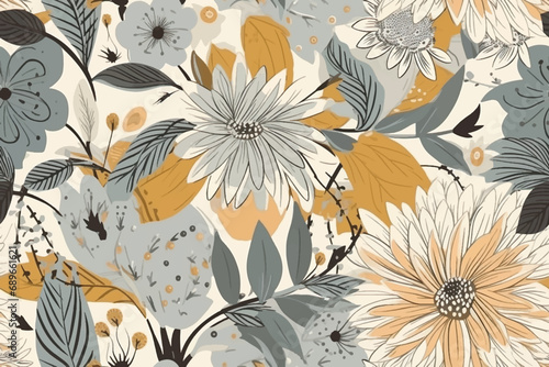 Summer floral bouquet seamless pattern in pastel orange and blue colors. Illustrated floral texture for vintage fabric design. Fashionable repeated background.