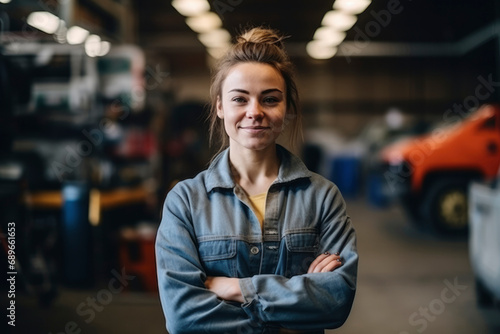 Girl auto mechanic looks at the camera, smiles, folds her arms on her chest. Auto repair shop bokeh background with cars and tools. Car repair service, woman mechanic photo
