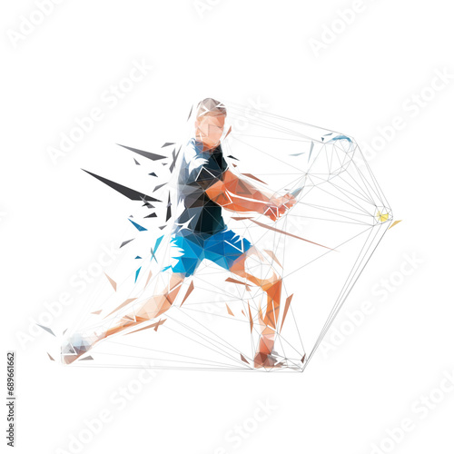 Tennis player backand shot, isolated low poly vector illustration. Tennis logo