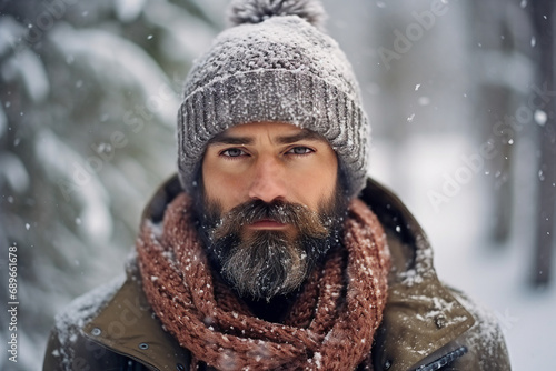 Bearded man guy enjoying wonderful winter weather snowy forest hiker Generative AI
