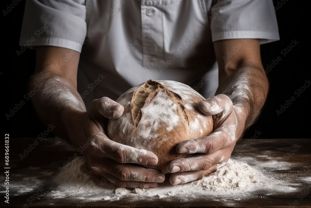 Male baker's hands in flour hold round bread close-up. Healthy organic bread, food, fresh crispy pastries. Bakery concept, small business. Dark mysterious lighting
