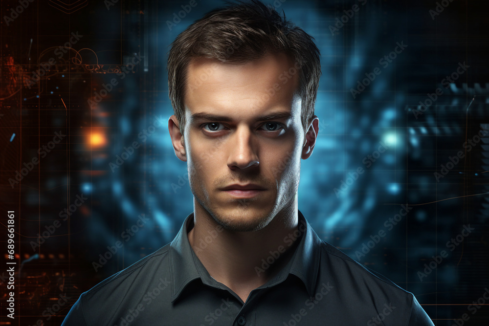 Generative AI portrait of cyberpunk system administrator programmer hacker person