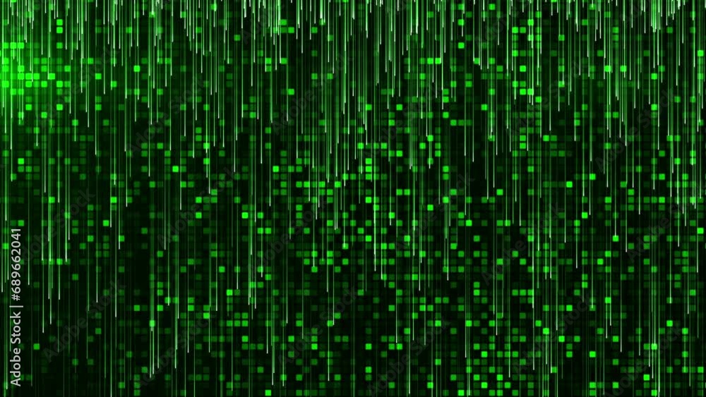 Digital abstract green background with random glowing squares. Digital data flow matrix effect. Matrix binary code. Flow of falling particles. Artificial Intelligence concept seamless loop 4k Digital abstract green background with random glowing squares. Digital data flow matrix effect. Matrix binary code. Flow of falling particles. Artificial Intelligence concept seamless loop 4k